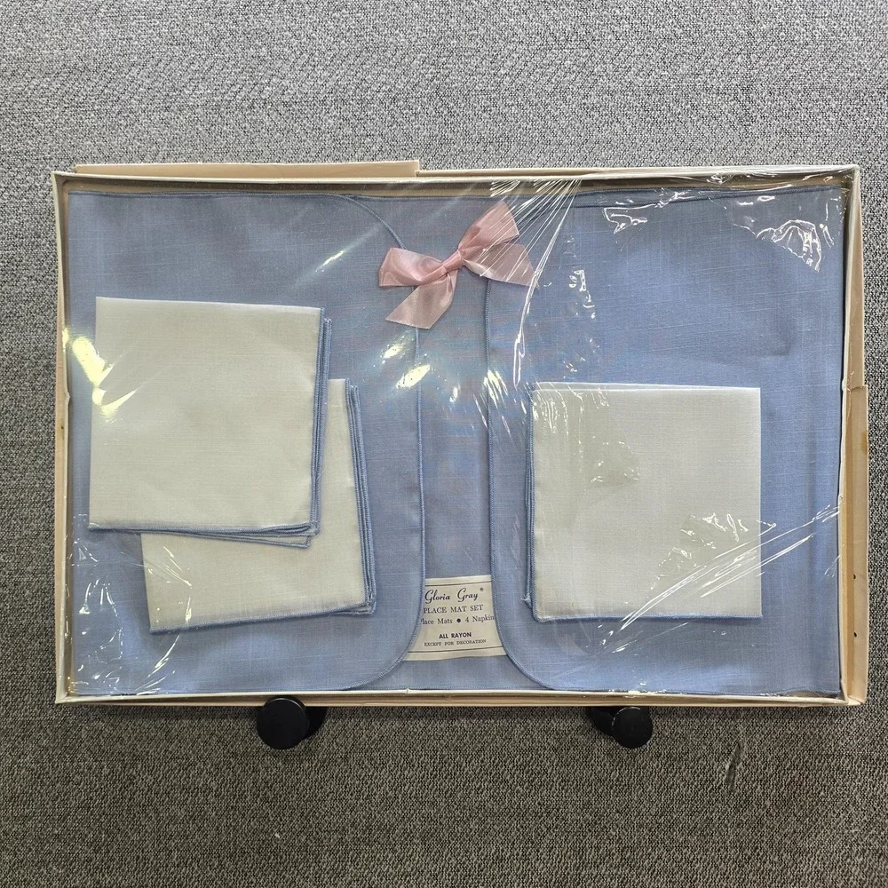 Vintage Gloria Gray 8 Pc Place Mat Set Blue Rayon Placemats Napkins USA Gift Box